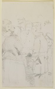 火鉢周辺の人物のグループ、1858年（オフホワイトの織り紙に鉛筆） 作： James Abbott McNeill Whistler
